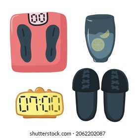 Set of good morning and self-care. Morning routine. Good habits for every day. Weight tracking, a glass of water, an alarm clock and comfortable slippers. Vector flat illustration in cartoon style