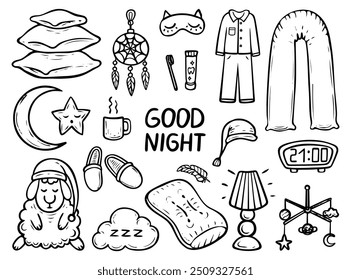 Conjunto de buenas noches dibujado a mano doodle. Artículos de dormitorio. Vete a la cama. Hora de dormir. Ovejas durmientes. Almohadas, luna creciente, pijama, atrapasueños, leche caliente. Ilustración de arte de línea de contorno de Vector.