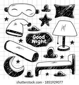 Set of good night vector graphics in hand drawn style. design elements. Suitable for wallpaper, posters, banners, magazines, etc.