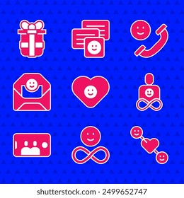 Set Good relationship, Friends forever, Romantic, Selfie mobile, Envelope with Valentine heart, Incoming call and Gift box icon. Vector