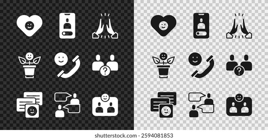 Set Good relationship, Incoming call mobile, Informal greeting, Chat messages laptop, Two sitting men talking, Friends forever, BFF best friends and  icon. Vector