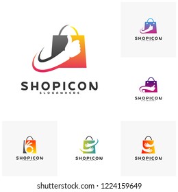 Set of Good Shop Logo Template Design Vector. Great Shop logo vector. Hands Holding Bag Logo concept