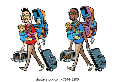 Set good white and black father traveller with children and Pets