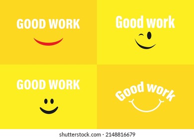Un conjunto de buen texto de trabajo con cara de sonrisa, saludo, celebración, fondo amarillo