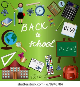 A set of "good-to-school", "return to school", teacher, bell, calculator, globe, abacus, backpack, book, notebook, alarm clock, schoolboard, pencil, paint, calendar. Autumn, school time