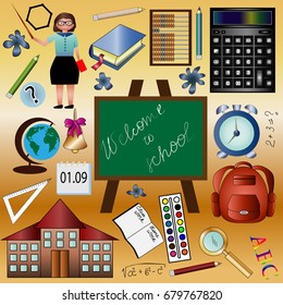 A set of "good-to-school", "return to school", teacher, bell, calculator, globe, abacus, backpack, book, notebook, alarm clock, schoolboard, pencil, paint, calendar. Autumn, school time