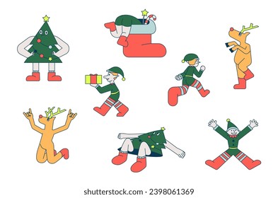 Set Of Goofy Christmas characters stickers, Cartoon Characters, holiday tree, elf and deer Christmas vector set stock illustration