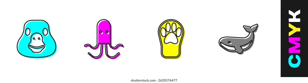 Set Goose bird, Octopus, Paw print and Whale icon. Vector