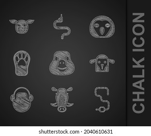 Set Goose bird, Wild boar head, Worm, Sheep, Monkey, Paw print, Owl and Pig icon. Vector