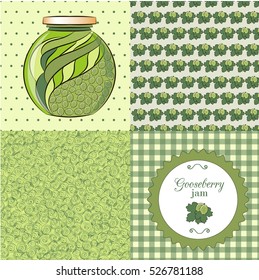 Set of gooseberry jam. Four decorative patterns, canned jam with berries and gooseberry jam label. 