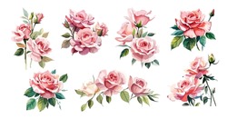 Set Of Gorgeous Pink Roses Compositions. Watercolor Illustrations Isolated On White Background. Floral Design Elements, Corner, Border, Arrangement For Cards, Invitations. June Birth Month Flowers