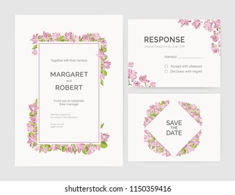 Set of gorgeous wedding invitation, save the date and response card templates decorated by magnolia tree flowers hand drawn on white background. Natural vector illustration for event celebration