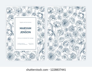 Set of gorgeous wedding invitation or Save The Date card templates decorated by Austin rose and ranunculus flowers hand drawn with contour lines on white background. Floral vector illustration.