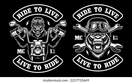 Set of a gorilla biker patch on a dark background