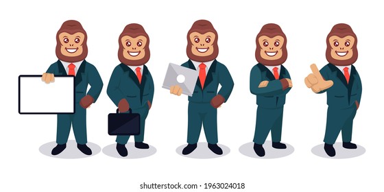 Set of gorilla with a businessman suit and various pose mascot design illustration