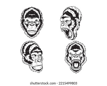 Set of gorilla head. Collection of monkey portraits with open mouth. Primates. Animal head. Vector illustration for sport mascot.