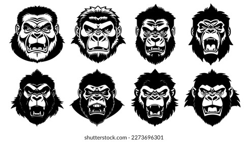 Set of gorilla heads with open mouth and bared fangs, with different angry expressions of the muzzle. Symbols for tattoo, emblem or logo, isolated on a white background.