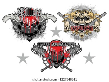 set Gothic and aggressive emblem with skull,, grunge vintage design t shirts