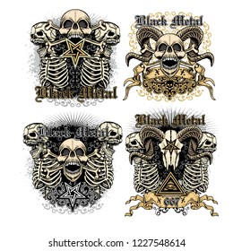set Gothic and aggressive emblem with skull,, grunge vintage design t shirts