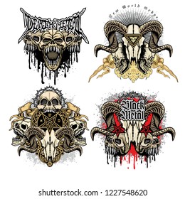 set Gothic and aggressive emblem with skull,, grunge vintage design t shirts
