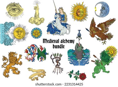 Set gothic alchemical occult astrological motifs in medieval Illuminated manuscript style  Sun   moon  heraldic lion  eagle  unicorn  snake  fantasy beasts  ornamental elements  masonic symbols