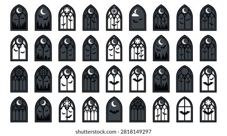 Set of gothic arched window silhouettes for Halloween featuring flying bats, crescent moons, dark pine forests, and cemetery tombstones in a monochrome vector icon set on white background.