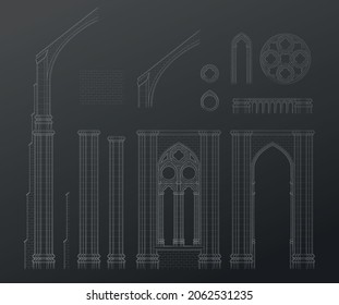 Set of gothic architecture elements, vector illustration.