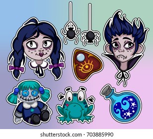 Set of gothic attractive stuff for halloween. Set of traditional stickers, pins, in comic style. Pop art items. Fashionable vector collection, stickers kit.