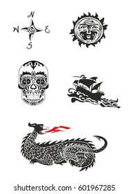 Set of gothic black tattoo and engraving with ship, skull, dragon, sun and wind rose