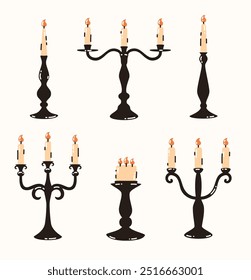 Conjunto de velas góticas em castiçais. Ilustração de vetor plano.