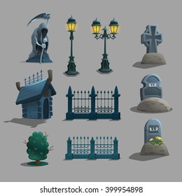 Set of gothic cemetery decorations. Vector illustration.