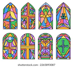 Set of gothic church windows with color mosaic pattern. Vector outline illustration