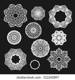 Set of gothic circle ornament roses with thorns in vector, laser cut white on black