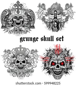 set, gothic coat of arms with skull, grunge vintage design t shirts