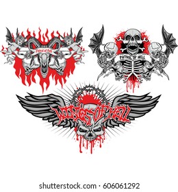 set gothic coat of arms with skull and wings, grunge vintage design t shirts