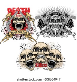 set gothic coat of arms with skull, grunge vintage design t shirts
