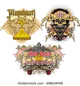 set gothic coat of arms with skull, grunge vintage design t shirts
