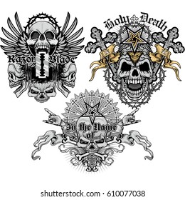 set gothic coat of arms with skull, grunge vintage design t shirts