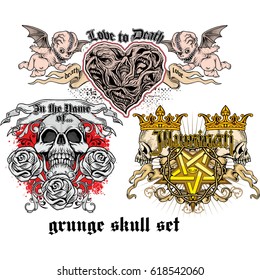 set Gothic coat of arms with skull, grunge vintage design t shirts