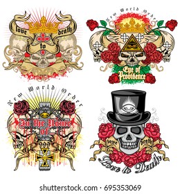 set Gothic coat of arms with skull, grunge vintage design t shirts
