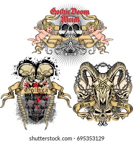 set Gothic coat of arms with skull, grunge vintage design t shirts