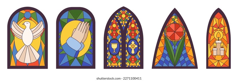 Set of Gothic Colorful Stained Glass Windows. Old Style Arches with Colorful Dove, Prayer Hands, Cup, Cross, Flower or Burning Candles Mosaic Isolated On White Background. Cartoon Vector Illustration