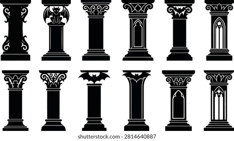 Set of gothic columns, pillars with gargoyle, bat and architectural elements