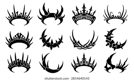 Set of gothic crowns and headpieces, dark fantasy tiaras with bones, spikes, and skulls, vector illustration