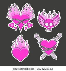 Set of Gothic Hearts with Chains, Wings, Swords, scull and Flames. Emo goth aesthetic stickers, tattoo art. Vector Illustration