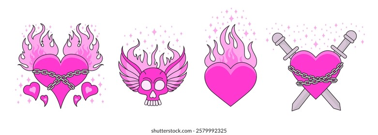 Set of Gothic Hearts with Chains, Wings, Swords, scull and Flames. Emo goth aesthetic elements. Vector Illustration