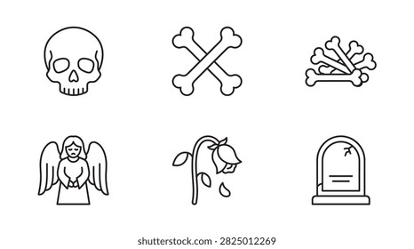 Set of gothic and morbid icons including skull, bones, angel, dead rose and tombstone