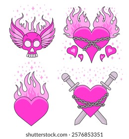 Set of Gothic pink Hearts with Chains, Wings, Swords, scull and Flames. Emo goth aesthetic elements, tattoo art. Vector Illustration