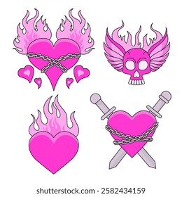 Set of Gothic pink Hearts with Chains, Wings, Swords, scull and Flames. Emo goth aesthetic elements. Vector Illustration