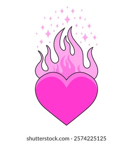 Set of Gothic pink Hearts with Flames. Emo goth aesthetic elements. Vector Illustration